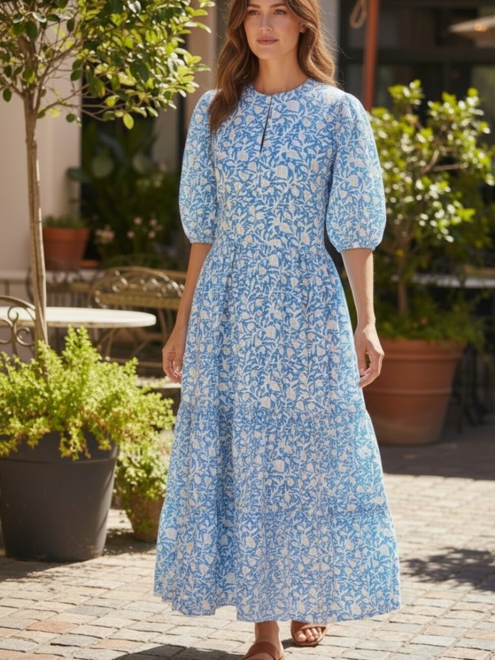 $398 NWOT Oliphant Blue Block Print Tiered Maxi XS